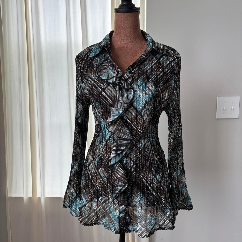 Y2K Vintage Apt 9 Sheer Top M Bell Sleeve Ruffle Pleated Boho Whimsigoth Glam